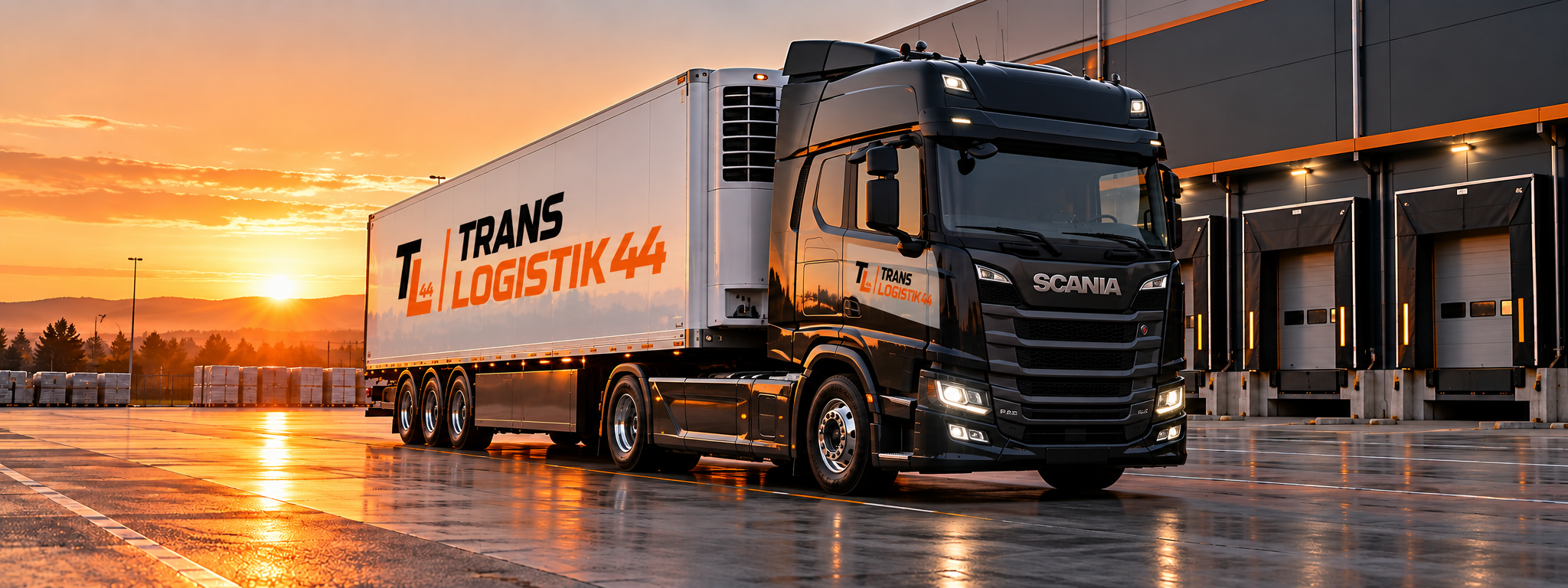 Visualisierung einer Scania-Zugmaschine mit TL44-Logo auf Zugmaschine und Kühlauflieger